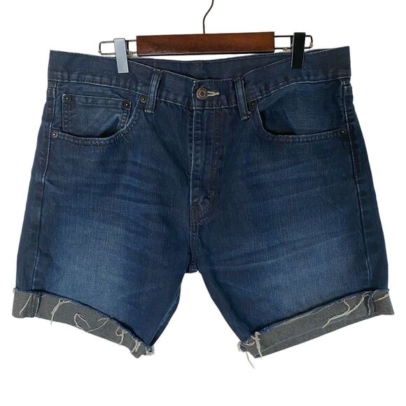 LEVIS 505 Women’s Jean Shorts 34 Fraying Denim Cuffed‎ Indigo Blue Dark Wash - Picture 1 of 12